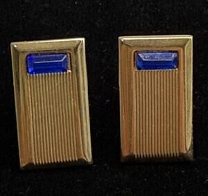 Art Deco Style Cufflinks Marked Anson Rectangle Gold Tone W/ Cobalt Blue 1960's
